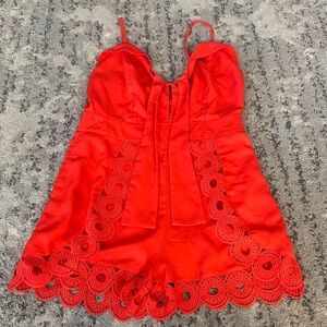 Red Lace Trim Romper